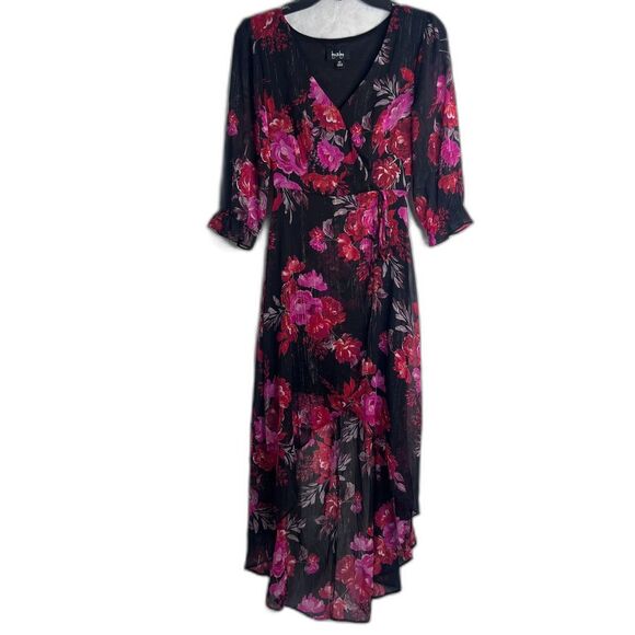 By & By Black Floral 1/2 Sheer Sleeve Vneck Faux Wrap Dress‎ Hi Low Sz XS - Picture 1 of 12
